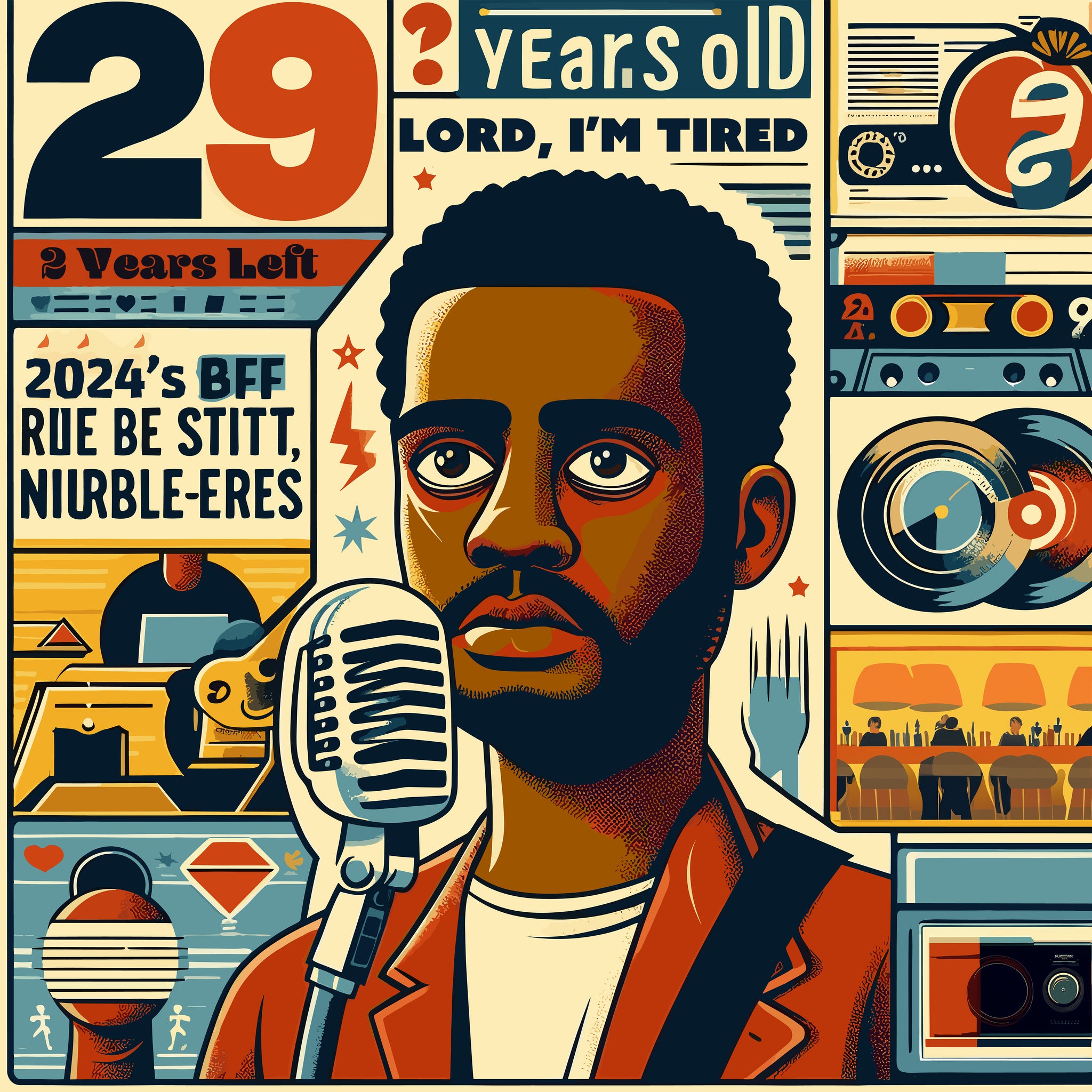 Cover art for Naji's single, 29. Retro yellow, red and blue coloring, featuring illustrated black man with short afro, large 29 in the top left corner.